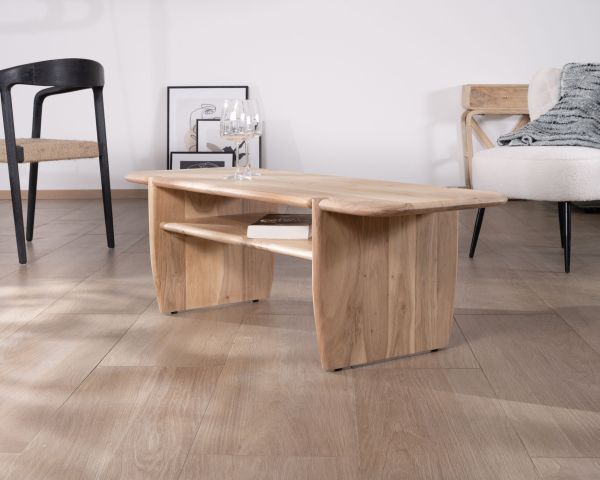 Mesa de salón de diseño minimalista en madera de acacia con hueco «Trudy» de 120 cm
