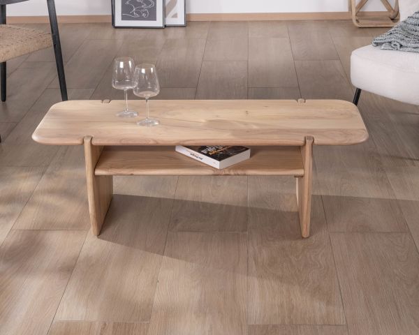 Mesa de salón de diseño minimalista en madera de acacia con hueco «Trudy» de 120 cm
