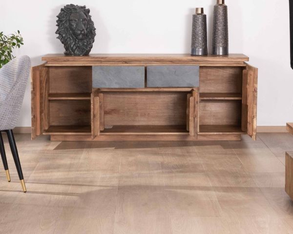 Aparador contemporáneo de 175 cm de acacia con tira de LED y cajones chapados en piedra «Paguera»
