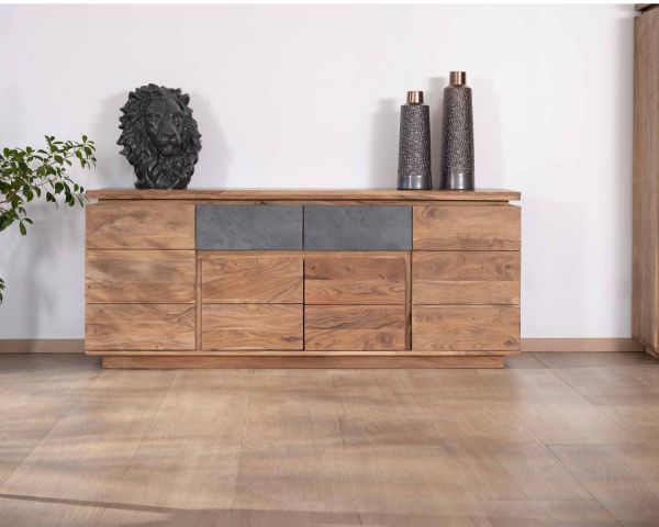 Aparador contemporáneo de 175 cm de acacia con tira de LED y cajones chapados en piedra «Paguera»