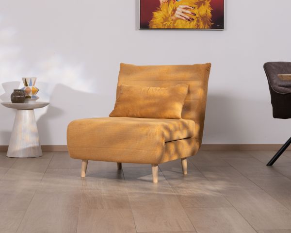 Sillón acogedor y convertible «Folda» en tela amarillo mostaza
