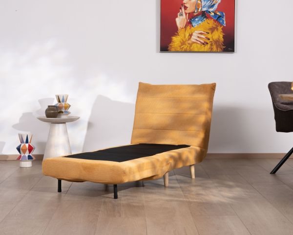 Sillón acogedor y convertible «Folda» en tela amarillo mostaza