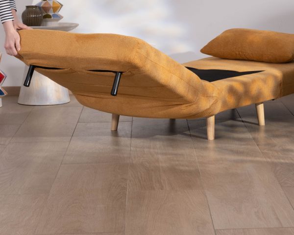 Sillón acogedor y convertible «Folda» en tela amarillo mostaza