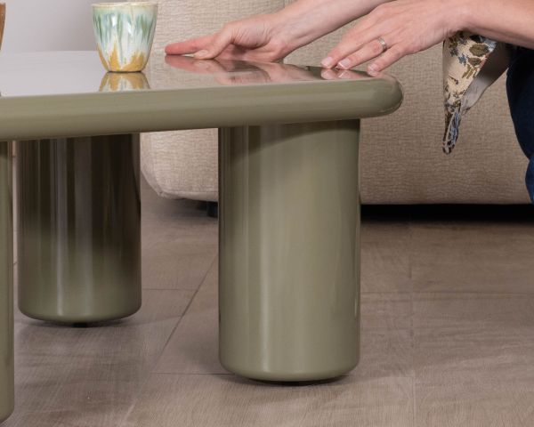 Mesa de centro cuadrada de 70 cm, de estilo minimalista, en color verde salvia «Nalya», con una base escultural
