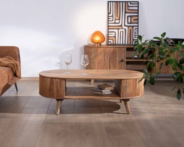 Mesa de salón de diseño vintage con formas redondeadas, de madera de acacia, «Boomer»