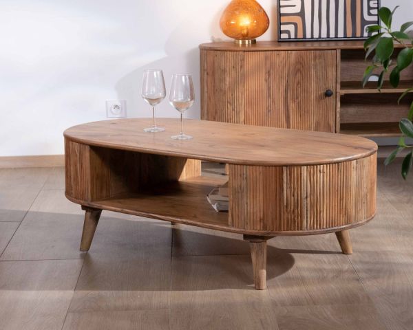 Mesa de salón de diseño vintage con formas redondeadas, de madera de acacia, «Boomer»