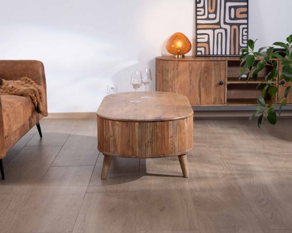 Mesa de salón de diseño vintage con formas redondeadas, de madera de acacia, «Boomer»