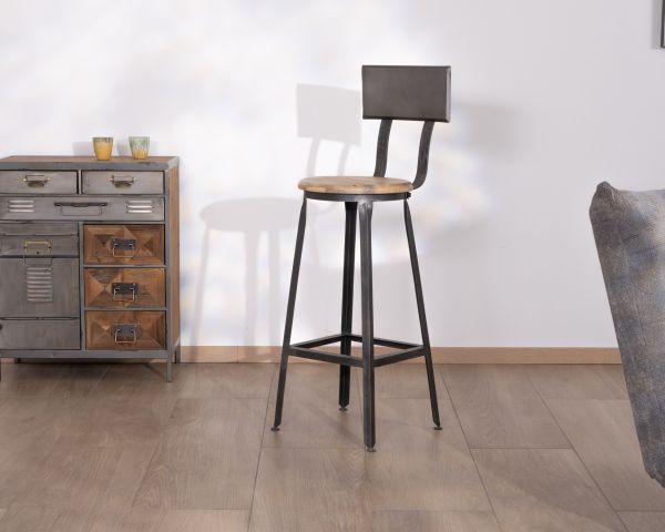 Silla de bar de metal gris antiguo y madera «Atelier grey», altura 110 cm