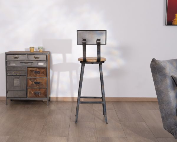 Silla de bar de metal gris antiguo y madera «Atelier grey», altura 110 cm