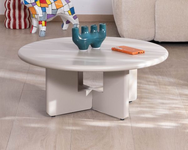 Mesa de centro redonda de 80 cm, color beige, modelo «Nalya», con base escultural