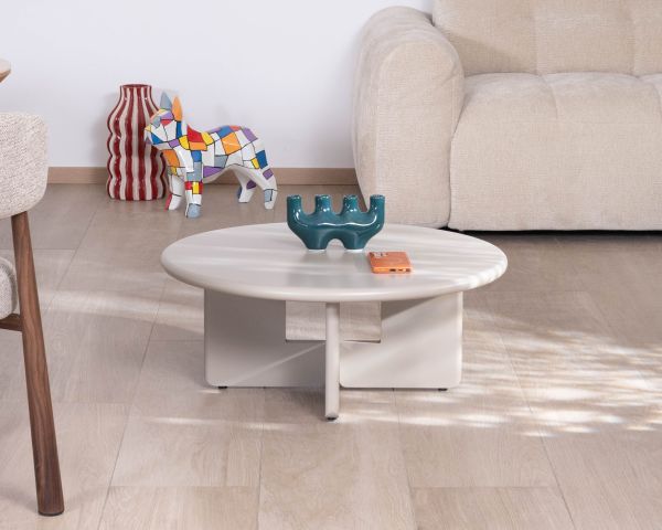 Mesa de centro redonda de 80 cm, color beige, modelo «Nalya», con base escultural