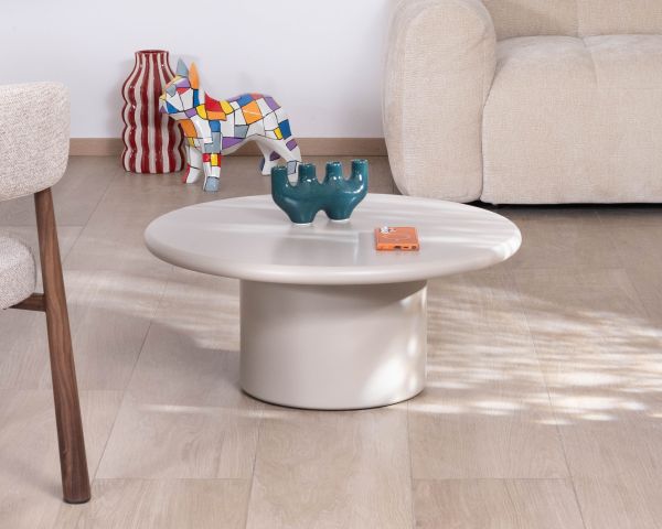 Mesa de centro redonda y minimalista «Nalya», en color beige, con pie central