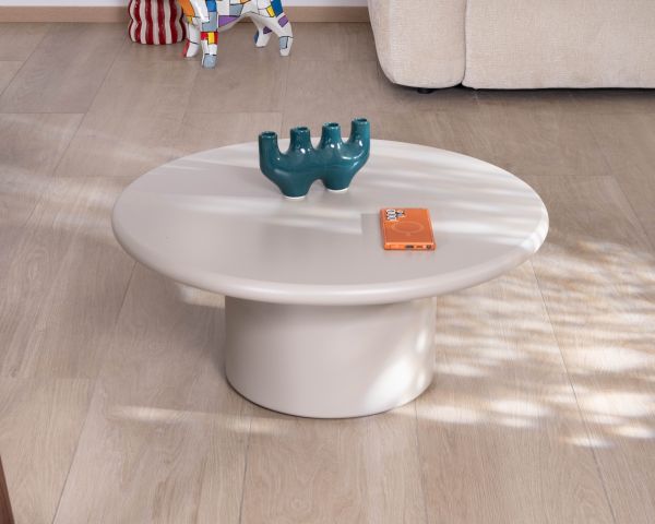 Mesa de centro redonda y minimalista «Nalya», en color beige, con pie central