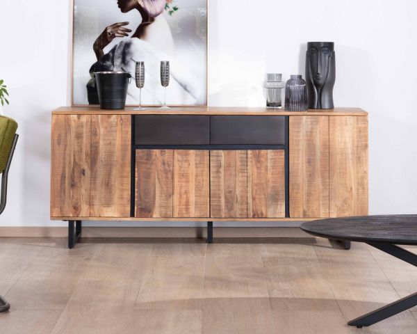Aparador de 175 cm de acacia con 2 cajones y patas metálicas negras «Bennett»