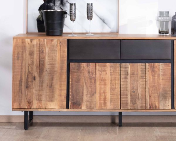 Aparador de 175 cm de acacia con 2 cajones y patas metálicas negras «Bennett»