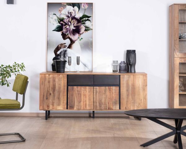 Aparador de 175 cm de acacia con 2 cajones y patas metálicas negras «Bennett»