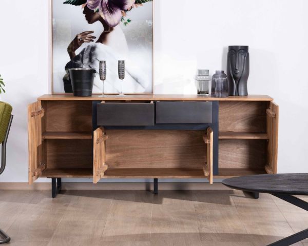 Aparador de 175 cm de acacia con 2 cajones y patas metálicas negras «Bennett»