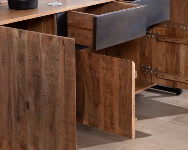 Aparador de 175 cm de acacia con 2 cajones y patas metálicas negras «Bennett»