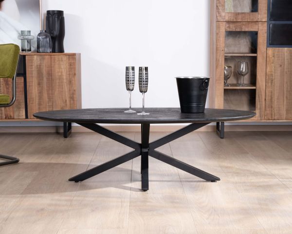 Mesa de centro negra con tablero elíptico de madera maciza de mango lijada y patas metálicas 3D «Pisa»