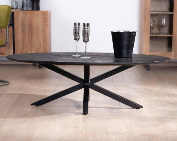 Mesa de centro negra con tablero elíptico de madera maciza de mango lijada y patas metálicas 3D «Pisa»