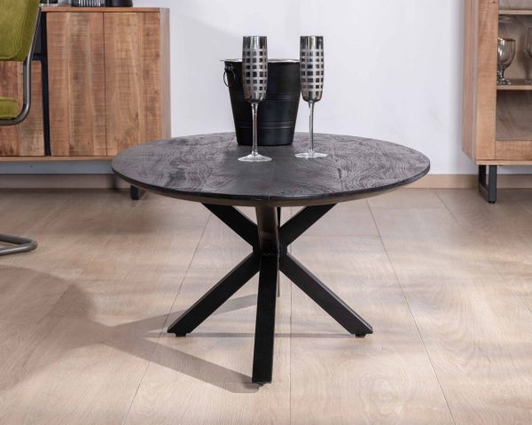 Mesa de centro negra con tablero elíptico de madera maciza de mango lijada y patas metálicas 3D «Pisa»