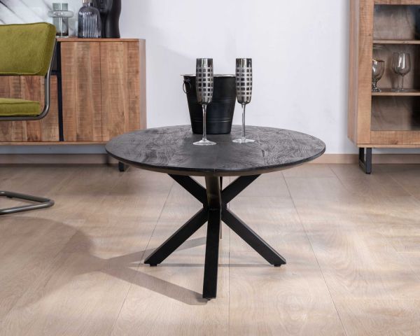Mesa de centro negra con tablero elíptico de madera maciza de mango lijada y patas metálicas 3D «Pisa»