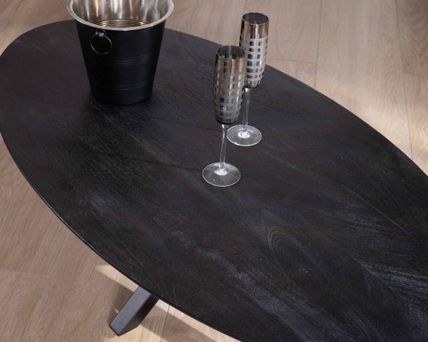 Mesa de centro negra con tablero elíptico de madera maciza de mango lijada y patas metálicas 3D «Pisa»