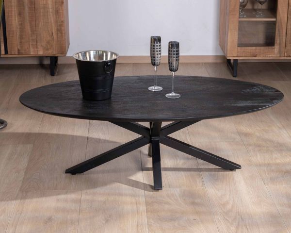 Mesa de centro negra con tablero elíptico de madera maciza de mango lijada y patas metálicas 3D «Pisa»