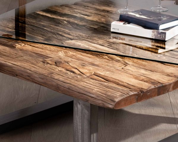 Mesa de salón cuadrada de madera reciclada natural, con tablero de cristal y patas en forma de U de color negro antiguo «Cidade»