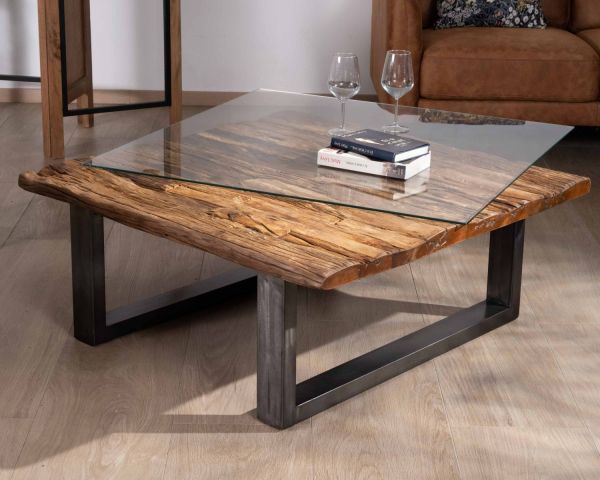 Mesa de salón cuadrada de madera reciclada natural, con tablero de cristal y patas en forma de U de color negro antiguo «Cidade»