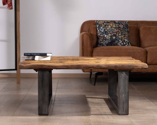 Mesa de salón cuadrada de madera reciclada natural, con tablero de cristal y patas en forma de U de color negro antiguo «Cidade»