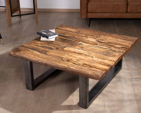 Mesa de salón cuadrada de madera reciclada natural, con tablero de cristal y patas en forma de U de color negro antiguo «Cidade»