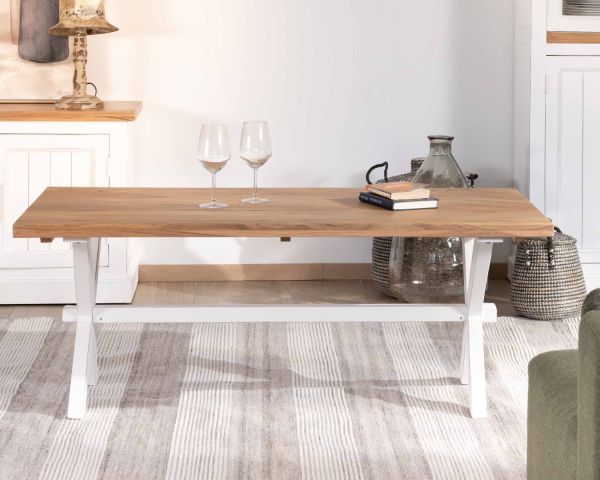 Mesa de salón rectangular de acacia con patas blancas, estilo rústico «Trégastel»