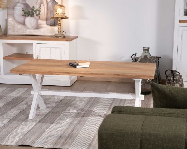 Mesa de salón rectangular de acacia con patas blancas, estilo rústico «Trégastel»