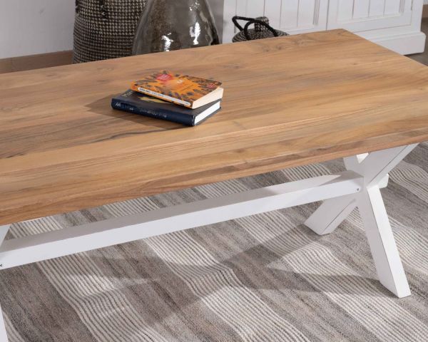 Mesa de salón rectangular de acacia con patas blancas, estilo rústico «Trégastel»