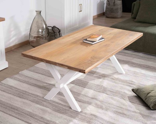 Mesa de salón rectangular de acacia con patas blancas, estilo rústico «Trégastel»