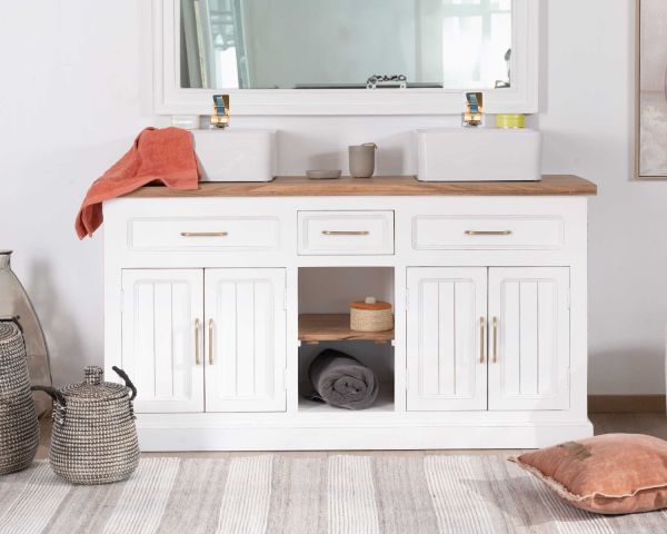 Mueble de baño doble en acacia natural y blanco «Trégastel»