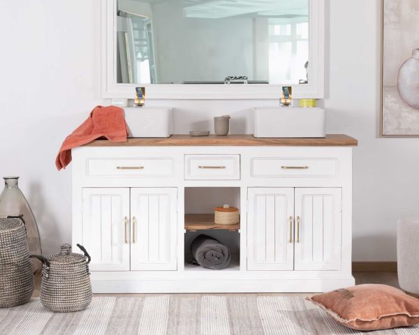 Mueble de baño doble en acacia natural y blanco «Trégastel»