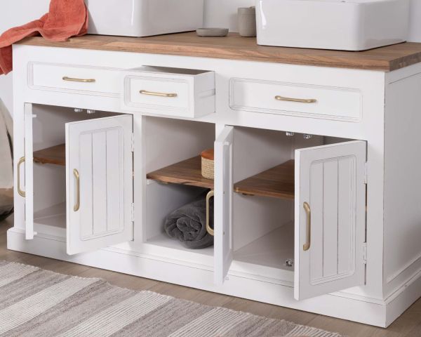 Mueble de baño doble en acacia natural y blanco «Trégastel»