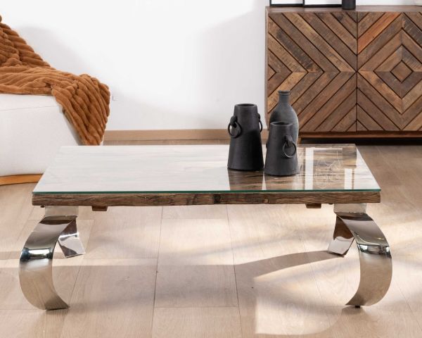 Mesa de centro rectangular de madera reciclada de estilo rústico, con tablero de cristal y patas de diseño de metal brillante color opio «Timber»
