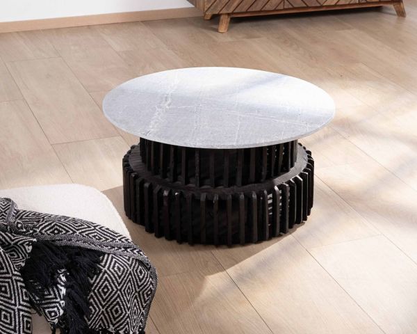 Mesa de salón redonda de madera reciclada con tablero de piedra clara «nepalí»