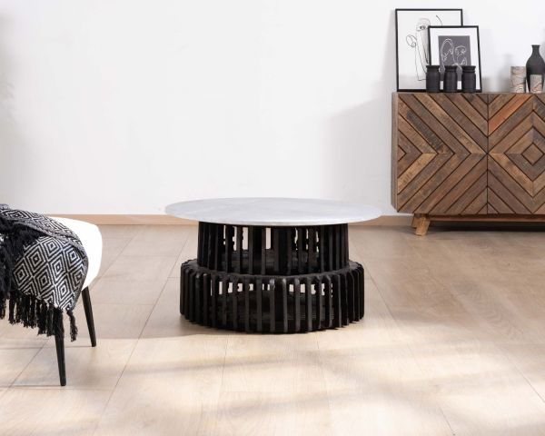 Mesa de salón redonda de madera reciclada con tablero de piedra clara «nepalí»