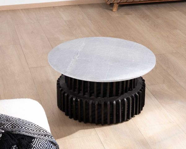 Mesa de salón redonda de madera reciclada con tablero de piedra clara «nepalí»