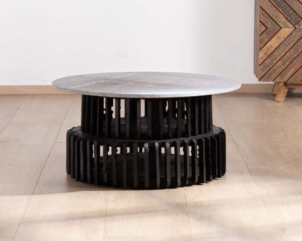 Mesa de salón redonda de madera reciclada con tablero de piedra clara «nepalí»