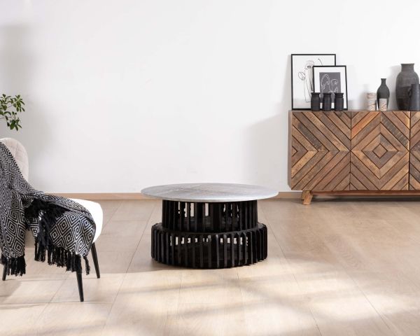 Mesa de salón redonda de madera reciclada con tablero de piedra clara «nepalí»