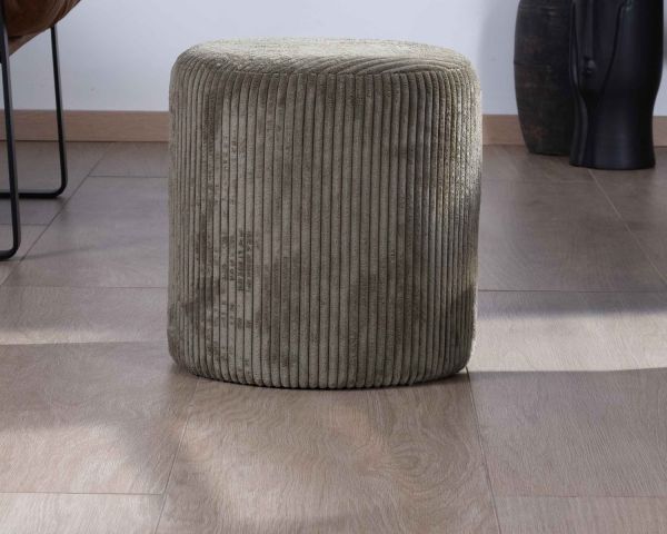 Lote de 2 pufs redondos pequeños de terciopelo acanalado de color caqui «Snaw», de 35 cm de diámetro
