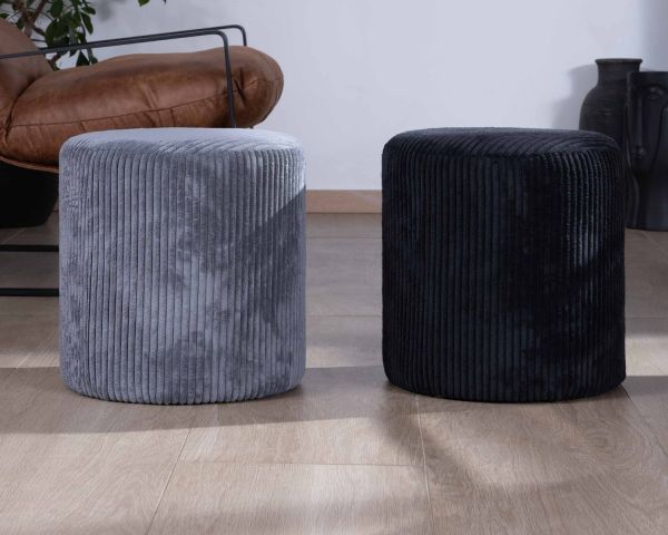 Lote de 2 pufs negros de terciopelo acanalado «Snaw», de 35 cm de diámetro