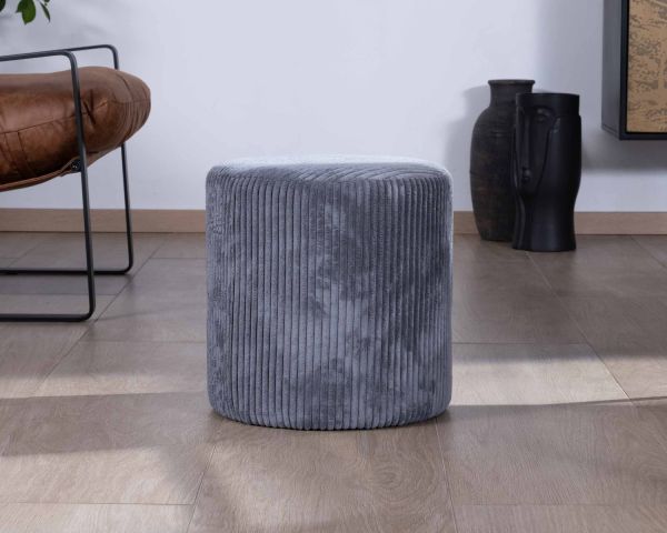 Lote de 2 pufs redondos de terciopelo acanalado gris «Snaw», de 35 cm de diámetro