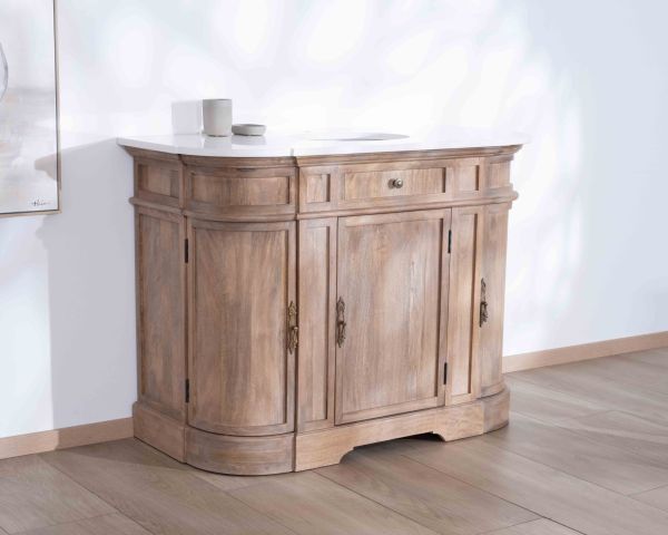 Mueble de baño con un lavabo, de madera maciza de mango y cuarzo blanco «Églantine»