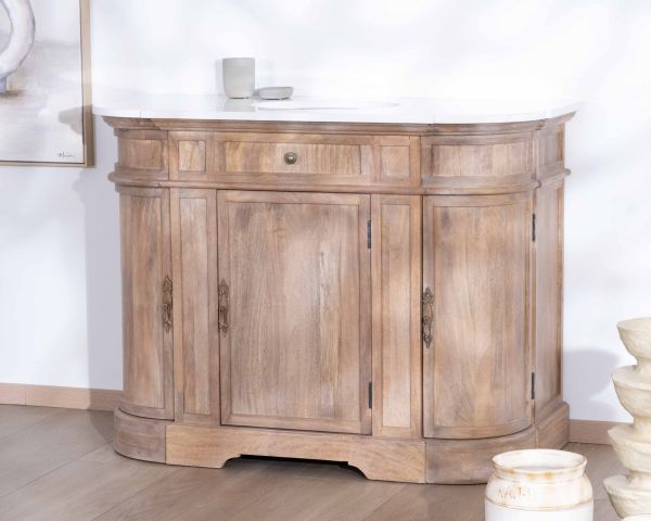 Mueble de baño con un lavabo, de madera maciza de mango y cuarzo blanco «Églantine»